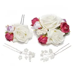 髪飾り 成人式 振袖 袴 花 4点セット ピンク 白 薔薇 バラ パールビーズ ヘアアクセ かんざし 七五三 浴衣 パーティー 和装 FTS No.9-4801