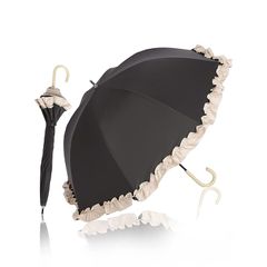 KIZAWA 日傘 uvカット 100 遮光 長傘 深張り 完全遮光 日傘兼用雨傘 レディース 5級撥水 ドーム 軽量 フリル 晴雨兼用 遮熱 かわいい 丈夫 母の日 プレゼント ラタン 持ち手 親骨50cm (【フリル】ブラック×ベージュ) 0