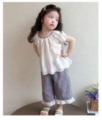 NO,119★140cm   上下セット 女の子  ガーリー  ナチュラル  コットン  上品 ギンガムチェック  ウエストゴム   おしゃれ 可愛い 動きやすい 体型カバー 通学 お出かけ 夏コーデ