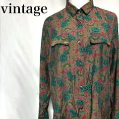 ビンテージ 長袖ポリシャツ 昭和レトロ 古着女子 総柄 ペイズリー 花柄 ボタン used in Japan