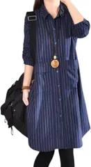 FAAMEE(フェイミー) ストライプ ロングシャツ ワンピース レディース 長袖 秋 春 羽織り カジュアル おしゃれ シンプル ポリエステル 紺( ネイビー,  M)