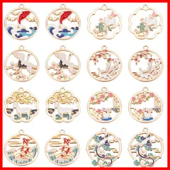 SUNNYCLUE　和風の恋　32個8種　和風　チャーム　鶴　チャーム　鯉　ペンダント　鳳凰　パーツ　猫　ピアス　ウサギ　イヤリング　鹿　ネックレス　キツネ　ブレスレット　コイ　キーホルダー　不死鳥　メタルパーツ　ネコ　エナメル　金古美　レトロ風　アンチック