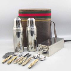 GUCCI グッチ アンティーク  ピクニックセット 計10点 シェリーラインバッグ 付き ケース付 お弁当箱 サンドウィッチケース 水筒 フォーク スプーン ブラウン ヴィンテージ レア【中古】【送料無料】