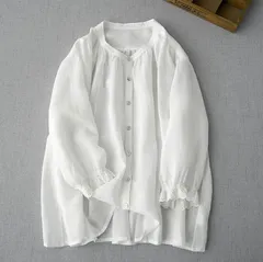 ブラウス レディース 七分袖 シャツ  綿麻風 シャツ チュニック 無地 シャツ ブラウス スタンドカラー リネン ふんわり ゆったり カジュアル ナチュラル haner01