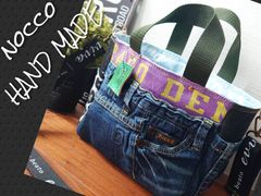 No.641【DENIM✖️SIDEpocket American BAG❤️】デニムリメイクトートバッグ👖アシンメトリーサイドポケット付💚