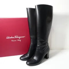 美品 Salvatore Ferragamo サルヴァトーレフェラガモ サイズ4.5D 約22㎝ FILIPPO 70 ロングブーツ ジョッキーブーツ ラウンドトゥ チャンキーヒール ハイヒール 牛革 レザー  黒 ブラック レディース