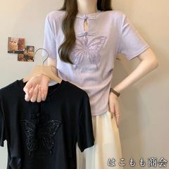 【美品・未使用新品】半袖です☆新しい蝶の刺繍半袖ウエストスリムイレギュラーショルダーTシャツ