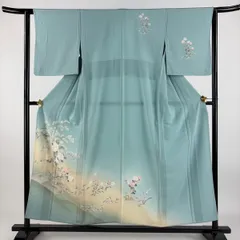 付下げ 身丈153.5cm 裄丈62.5cm S 単衣 鳥 牡丹 染め分け 金銀彩 薄緑 正絹 秀品 【中古】