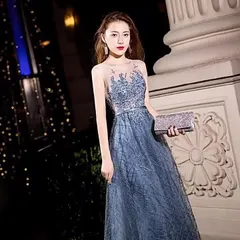 カラードレス 青 安い イブニングドレス 花嫁 ロング パーティードレス 演奏会 フォーマルドレス 結婚式 二次会 カクテルドレス 袖なし ノースリーブ ラメ きらきら 1314