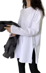 SLOW＆MELLOW ロングスリーブ Tシャツ レディース ラウンドカット ビッグシルエット シンプル 無地 スリット ゆったり 大きめ カジュアル クルーネック ロンT カットソー 長袖 2カラー 可愛い おしゃれ(ホワイト,  XL)