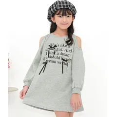 Bee【♪クーポン利用で20％OFF♪】オフショルダープリントワンピース◇杢グレー◇子供服 キッズ 女の子 長袖 オープンショルダー リボン ロゴ 無地 100 110 120 130 140 150
