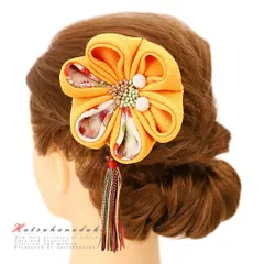 髪飾り 成人式 つまみ細工 振袖 袴 浴衣 夏祭り 花火大会 2点セット 橙色 オレンジ 白 ちりめん 房付き 玉飾り 和柄 ヘアアクセ No.9-3668