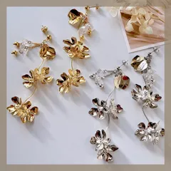 【ブライダル＆普段使い】 メタルフラワー×花びら×クリア天然石/ピアス イヤリング/ゴールド シルバー/ビーズ チャーム 大ぶりロング お花 リーフ 揺れる/お呼ばれ ウェディング 結婚式 /金属アレルギー対応 ステンレス24金コーティング/華やか 春夏秋冬