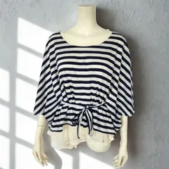 ブギウギ BOOGIE-WOOGIE　綿/ポリレイヤード クルーネック 腰ひも レイヤードトップス ドルマンプルオーバー　ネイビー/ホワイト ボーダー　レディース