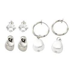 【シルバー×アソート】[Cream dot. クリームドット公式] 4点セット フープ 金属アレルギー ニッケルフリー 4way バネ式 チャーム 一粒ビジュー パール バロックパール風 ドロップメタル 大人 