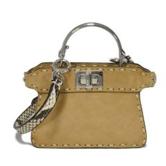FENDI フェンディ ピーカブー アイシーユー マイクロ スネーク ロゴ ツイストロック シルバー 2WAY ショルダーバッグ クロスボディ 美品 セレリア ステッチ スエード ブラウン ハンドバッグ 7AS106