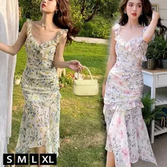 ワンピース ロング丈 レディース ロングワンピ ノースリーブ キャミワンピース ハワイワンピース マキシ丈 リゾートワンピース シフォン 花