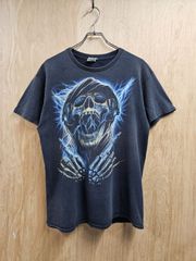【US古着】DELTA lightning Skull head T-shirt | デルタ 稲妻 ドクロ スカル ヘッドホン ロック メタル プリント 半袖 Tシャツ ブラック M