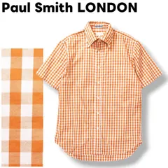 【美品】 【上質】 日本製 ポールスミス ロンドン Paul Smith LONDON ボタンダウン ギンガムチェック 半袖 シャツ M オレンジ x ホワイト メンズ
