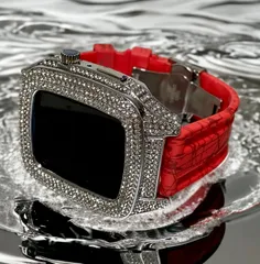 シルバー×レッド　アップルウォッチカバーバンドキラキラAppleWatchラバーカスタム　44mm 45mm ベルト　ケース　セット　スパイダーラバー
