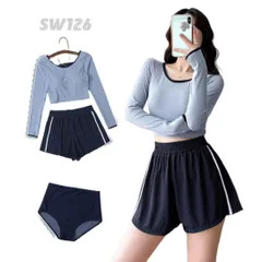 韓国風 水着 レディース M スポーティー 長袖 ショートパンツ 3点セット プール 海 リゾート 体型カバー オシャレ 可愛い ブルーグレー 日焼け対策