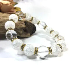 クラック水晶&水晶 パワーストーン ブレスレット 天然石 12mm （ゴールド）メンズ・レディース　男性・女性　数珠ブレス　開運  [1]