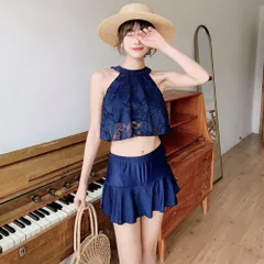 ☆ ネイビー ☆ L ☆ 水着 レディース 体型カバー水着 水着 レディース ビキニ スカート レース フレアースカート タンキニ スイムウェア セパレート ハイネック トップス おしゃれ オシャレ パッド付 体型カバー ハイウエスト 大人 女子