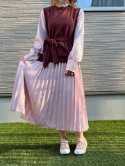 【半額セール】ワンピース レディース ニット プリーツ リボン 重ね着