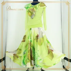 社交ダンス 衣装 トップス スカート クリエイトサン 長袖 レッスン グリーン系 練習着 レッスンウエア create-sun 黄緑 レース 花柄 軽い 薄い