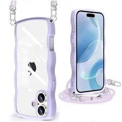 iPhone 16 Plus 用 ケース クリア ショルダー 耐衝撃 人気 かわいい アイフォン16 Plus 用 カバー 透明 スマホケース 薄型 軽量 首かけ 肩掛け 縄掛けケース ストラップ付き 取り外し可能 長さ調整可能 ワイヤレス充電対応（パープ 1
