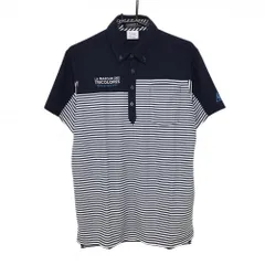 【超美品】ルコックゴルフ 半袖ポロシャツ ネイビー×白 ボーダー ロゴ刺しゅう ボタンダウン メンズ L ゴルフウェア le coq sportif