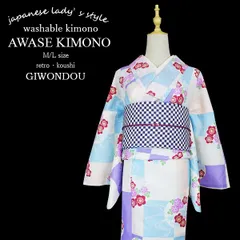 【袷着物 単品】レディース きもの 小紋　白色地水色・藤色の格子、流水文と花文柄｜レトロモダン 大人かわいい｜普段着・お出かけ・デート｜洗える着物 M/L｜2025年新作 ｜40代 50代 60代　kimono-kor59