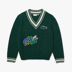 ラコステ LACOSTE コミックグラフィックワッペンＶネックセーター テニス 通学 メンズ MENS COMIC GRAPHIC PATCH V－NECK SWEATER AH0735L-YRR WHITE × GREEN