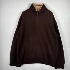 古着 トミーヒルフィガー TOMMY HILFIGER 長袖 セーター ハーフジップ ニット ワンポイント コットン 大きいサイズ XXL  ブラウン 無地 メンズ