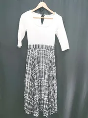 ◇ Θ snidel チェック柄 五分袖 膝下丈 カットドッキングプリーツワンピース サイズ1 ブラック ホワイト レディース E  【1507010010993】