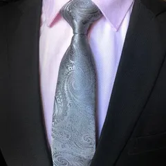 ネクタイ　結婚式　発表会　パーティー　イベント　ビジネス　卒業式　入学式　入社式　ダンスパーティー　バーテンダー　スーツ　ワイシャツ　格安　小物　メンズネクタイ　シルバー色　銀色　グレー色　鼠色　ペイズリー柄