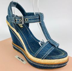 良品★miumiu・ミュウミュウ レディース デニム地 ジュートコンビ ウェッジソール サンダル（38）