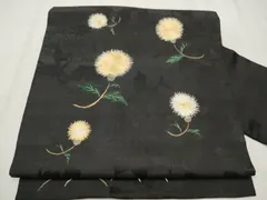 平和屋着物●アンティーク　大正ロマン　九寸名古屋帯　総刺繍　タンポポ　黒地　金銀糸　正絹　逸品　CAAX7244hy