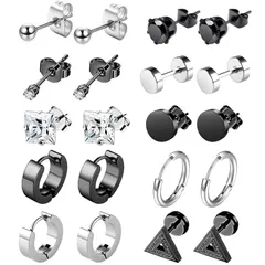 TerraShine ピアス 10ペア 黒ピアス イヤリング スタッドピアス フープ 両耳用 シンプルデザイン 金属アレルギー対応 日常 メンズ レディース ステンレス製