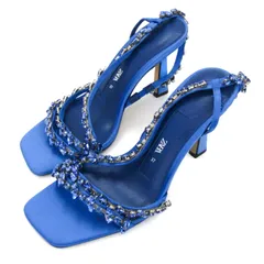 ザラ ビジュー サンダル ストラップ ハイヒール 靴 レディース 37サイズ ブルー/シルバー ZARA 【中古】