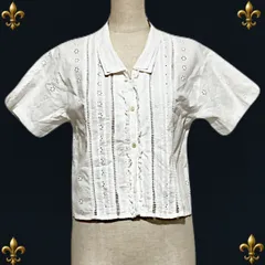 【ヴィンテージ】コットン レース 半袖 フリル シャツ ブラウス ガーリー  クラシカル レトロ 清楚 M～Lサイズ