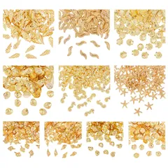 【特売】OLYCRAFT 1000個10種類 メタルパーツ 合金レジン封入 貝殻 海馬 ヒトデ ミニ 約2～8mm メタルネイルパーツ つぶ貝 夏 ミニ ネイルデコパーツ レジンパーツ ネイルパーツ ネックレス イヤリング アクセサリー ゴールド