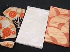 平和屋野田店■袋帯　まとめて3点セット　全て正絹　唐織　亀甲　地紙　扇面　花柄　金銀糸　n-kkk0060