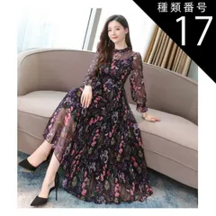 種類17：レッド/M 花柄 シフォン ワンピース フレアワンピース 膝下 ミモレ ミモレ丈 7分丈 ミディアム丈 袖あり ボリューム袖 ハイネック プチハイネック フレア チュール シフォン ウエストマーク 透け感 シースルー かわいい 大人可愛い きれいめ 