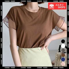 袖シアーTシャツ チュール切替えカットソー Tシャツ カットソー クルーネック tシャツ 大人可愛い 夏服 着回し フリル袖 ゆったり 半袖 レディース おしゃれ プルオーバー 無地 韓国風 着やせ ベーシック 通勤 カジュアル CH2SHENSHI-001