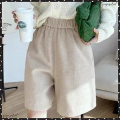 ウール風ハーフパンツ５分丈ワイドパンツレディース ハイウエストショートパンツ ウエストゴム 無地半ズボン オフィスカジュアル シンプルショーパン 着やせ春秋冬美脚脚長 ボトムス 体型カバーパンツ黒 スラックス 短パン