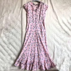 VINTAGE USA ロングフレアワンピース ピンク　花柄　フリル　インド綿