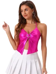 Allegra K キャミソール メタリック ノースリーブトップス ハートホック パゲッティストラップ ホルターネック クラブウェア セクシー キュート レディース ホットピンク M