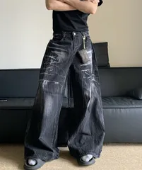 ユーズドウォッシュ ワイドデニムパンツ ダメージ 個性派 韓国風 ストリート