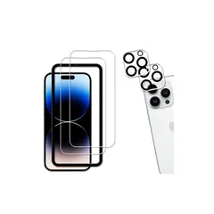 KPNS いphone14pro ガラスフィルム【2+2枚セット】ガイド枠付き 日本素材製 強化ガラス iphone 14 Pro 用 ガラスフィルム カメラフィルム カバー 保護フィルム 0